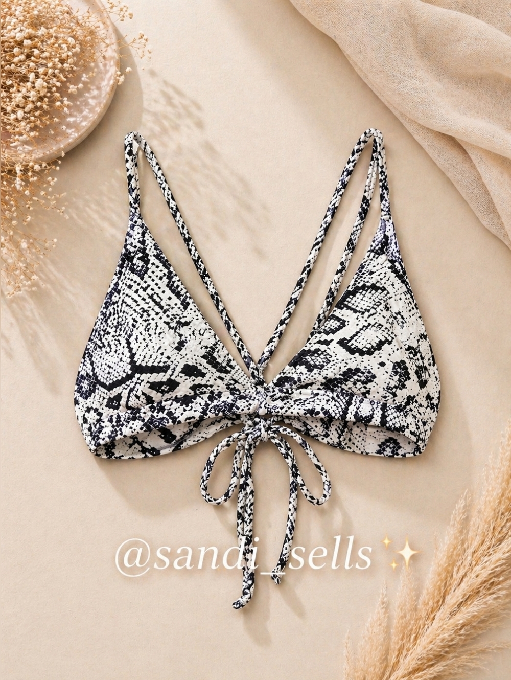 Zaful Black and White Snake-Print Triangle Bikini Top